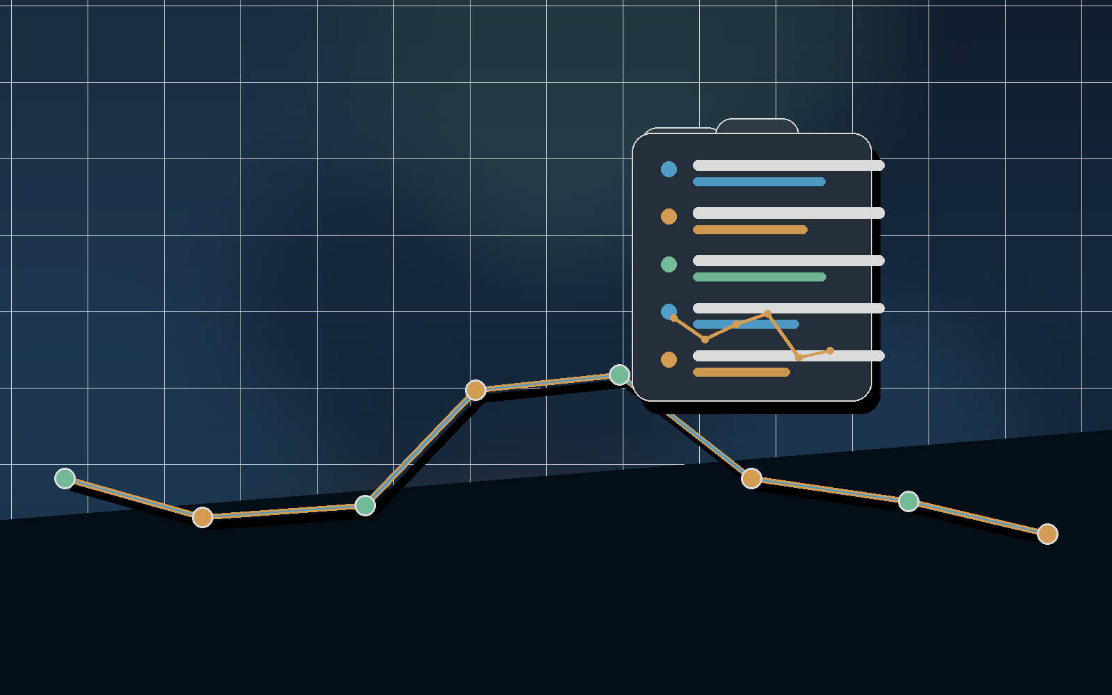 AI credit model scene with device cards and workout trend lines.