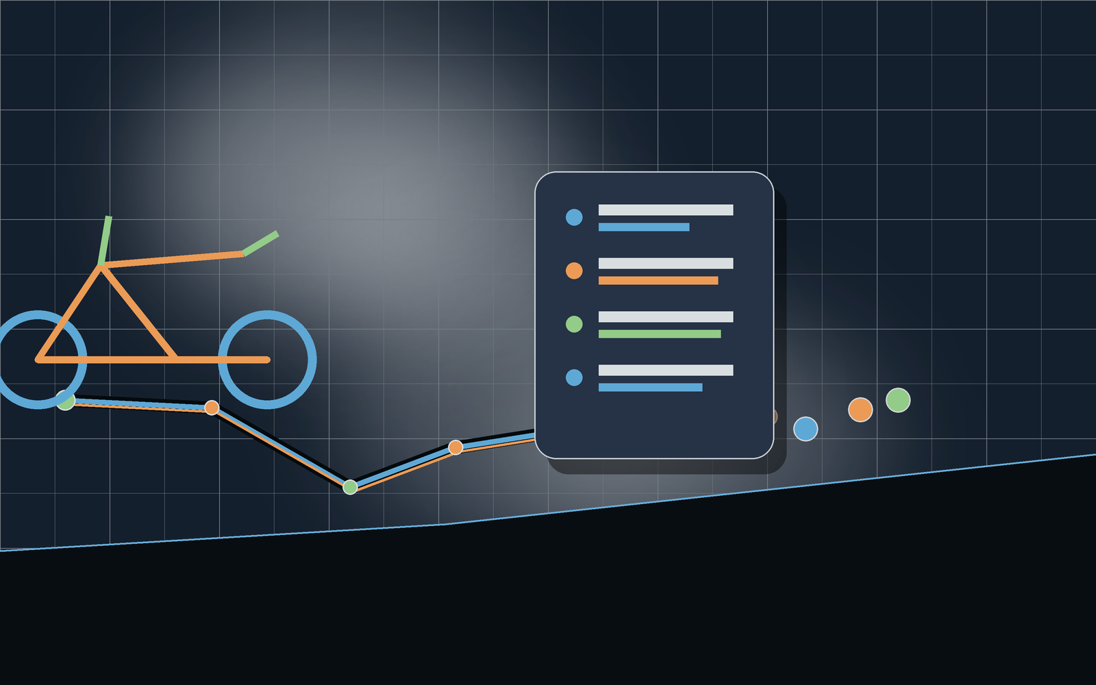 Cycling integration scene with bike route and workflow cards.