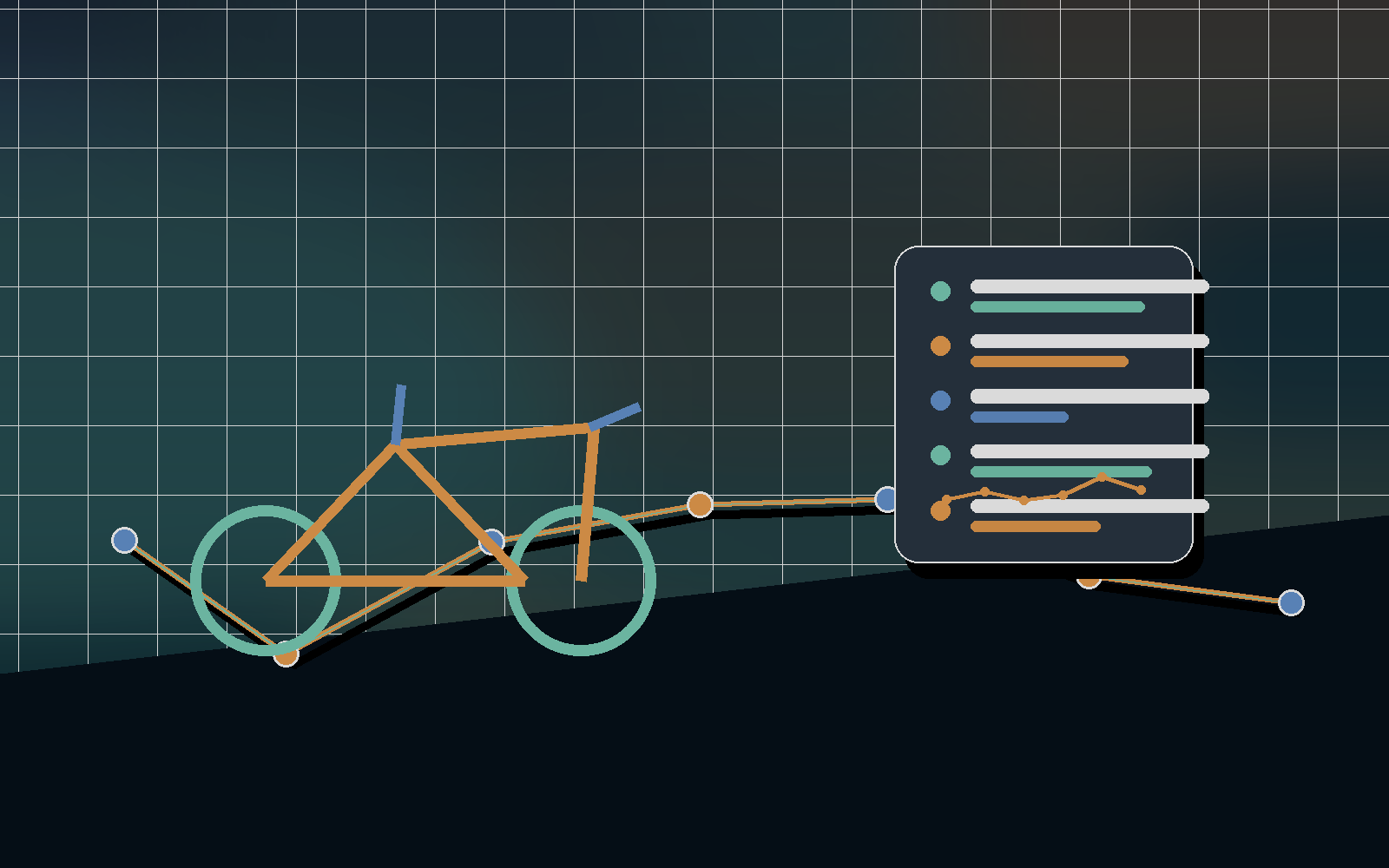 Bike workout dashboard with heart-rate and route trend cards.
