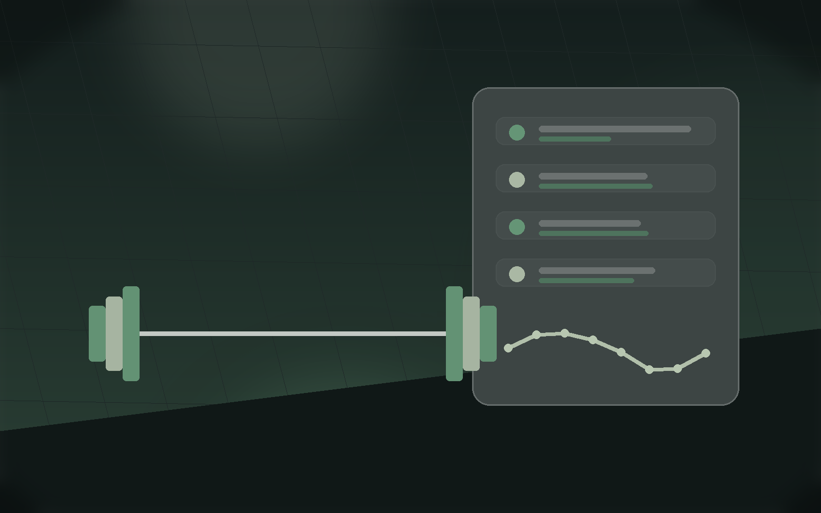 Strength tracking dashboard with barbell work and trend cards.