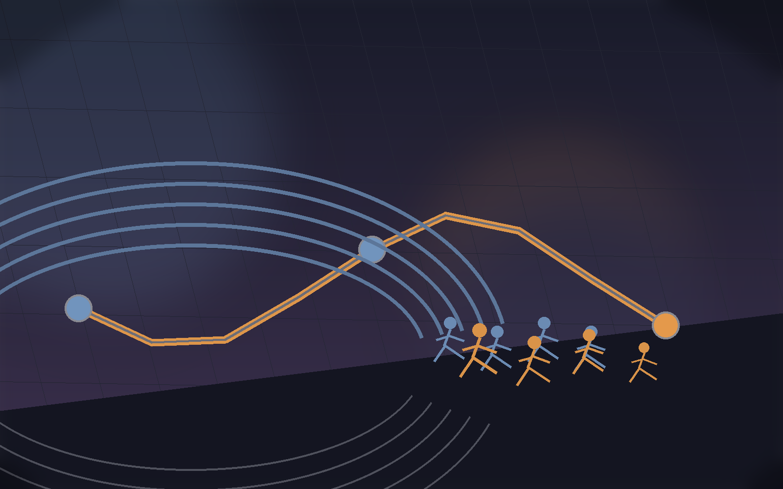 Race planning scene with route markers, runners, and track lanes.
