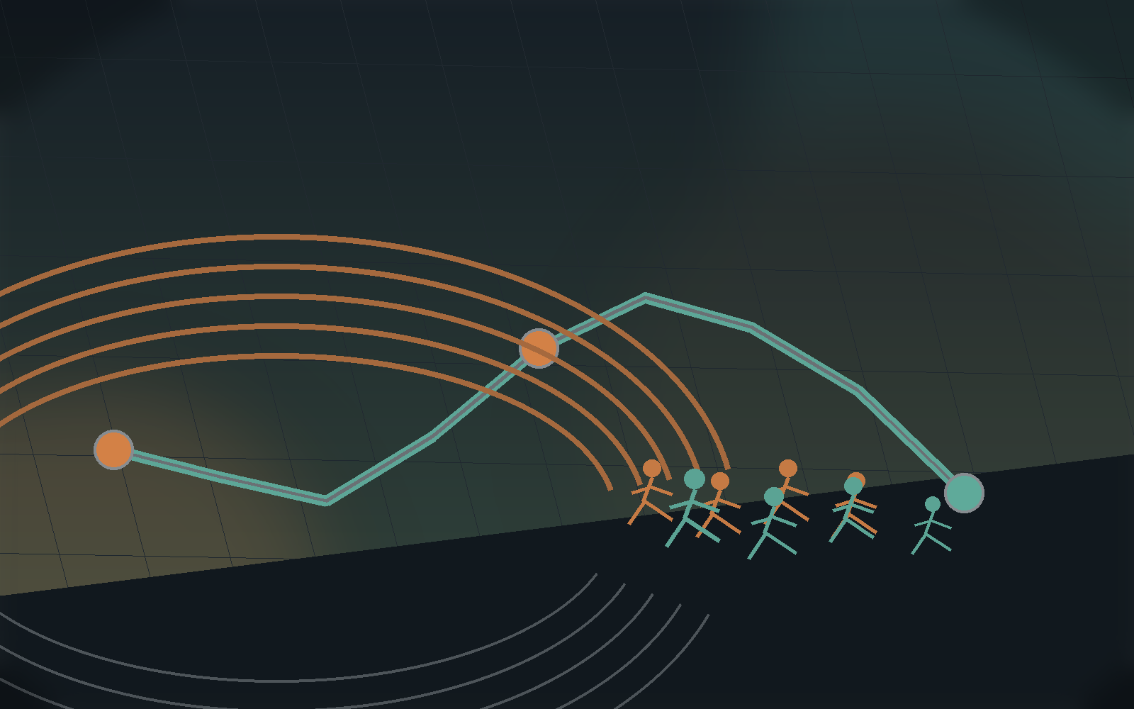 Route-aware running scene with pace markers, track lanes, and runners.