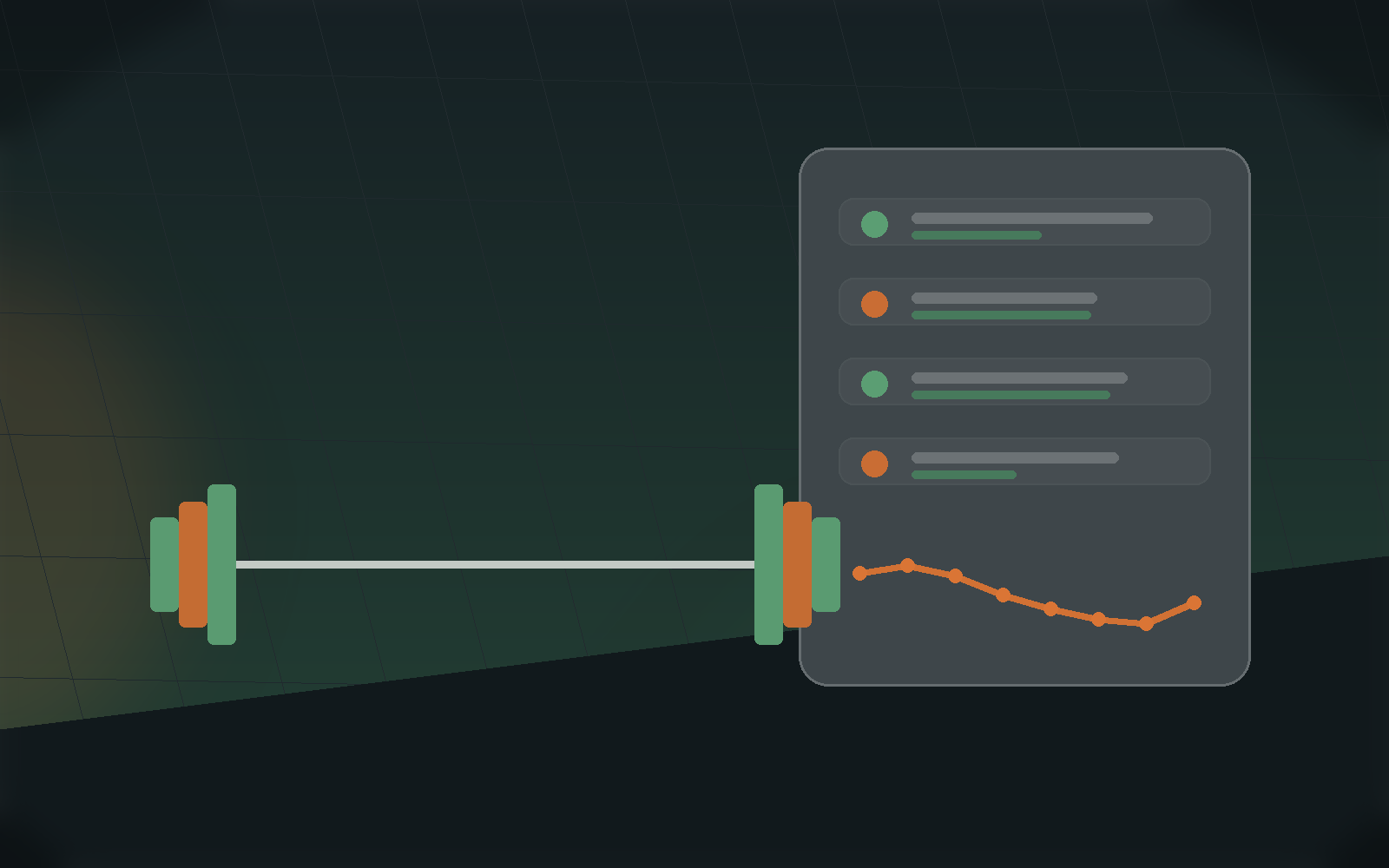 Hybrid training dashboard with lifting and running trend cards.