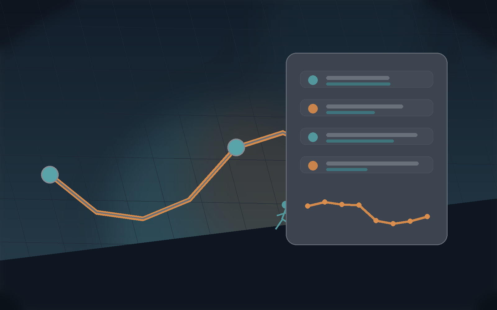 Training import scene with route markers and integration dashboard cards.