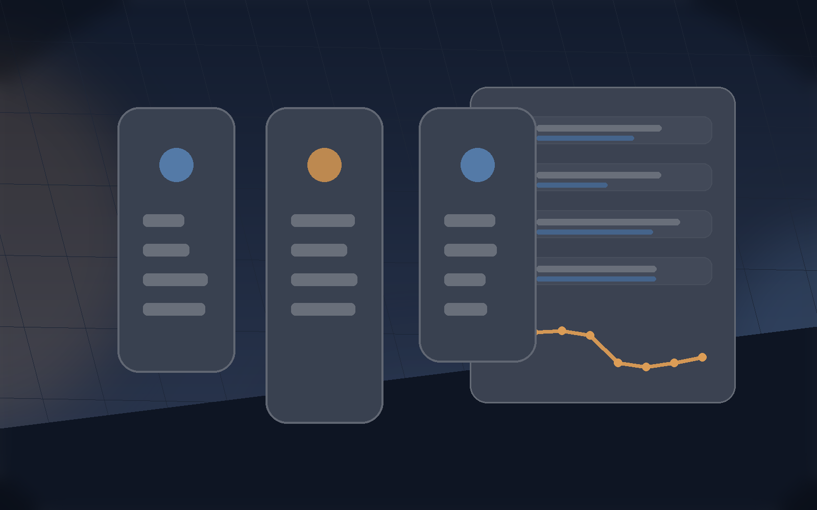 Device workflow dashboard with workout handoff and trend cards.