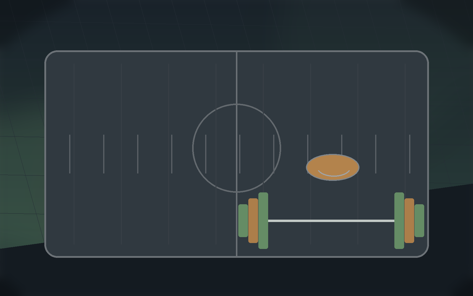 Football position-prep scene with field markings and strength equipment.