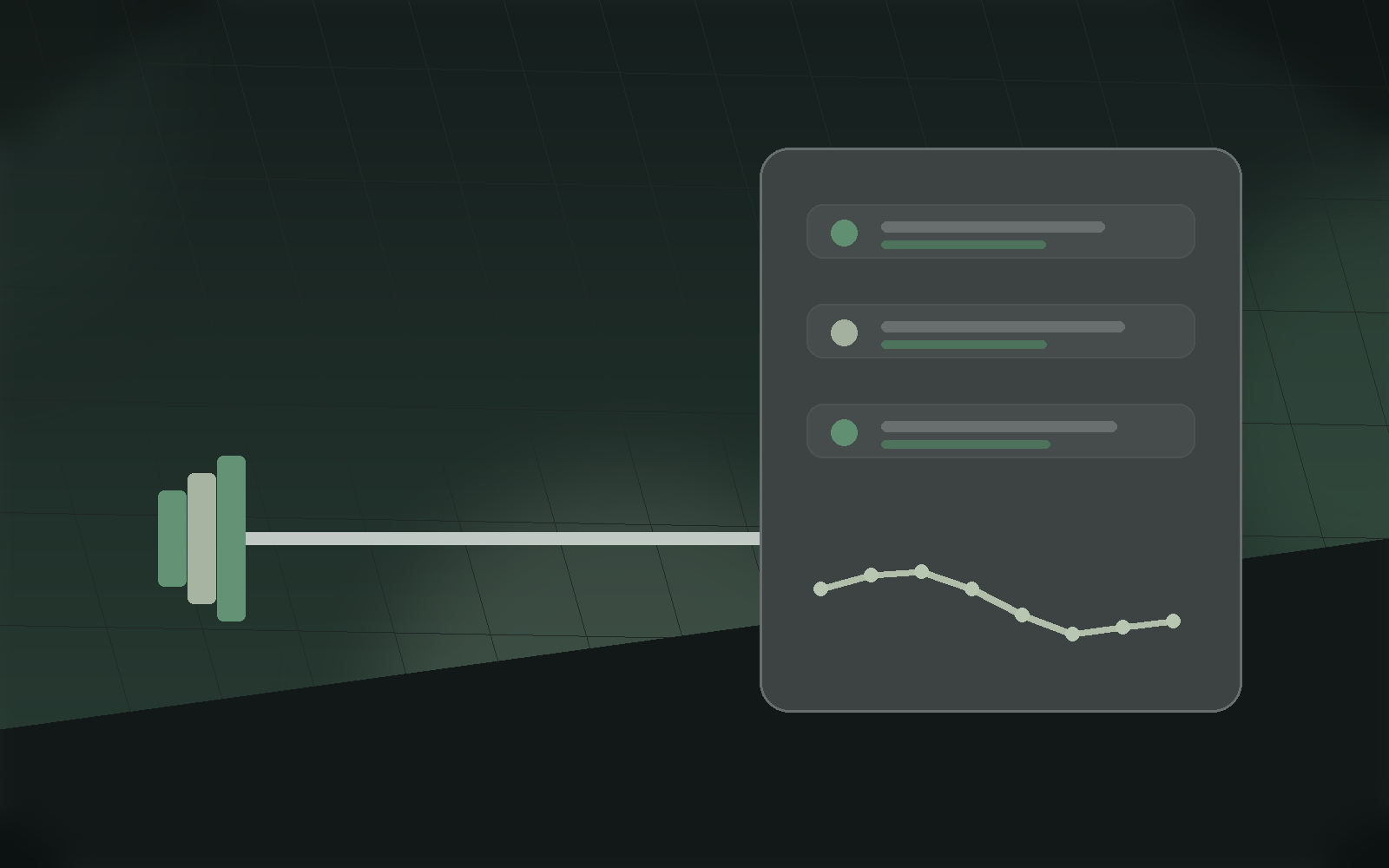 Strength recovery scene with a barbell and workout summary dashboard.