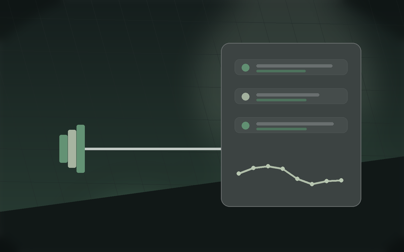 Strength recovery dashboard with barbell, load bars, and trend cards.