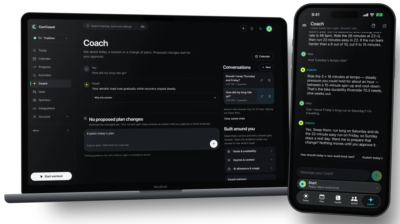 A Coach conversation on iPhone in front of saved Coach chats on a MacBook.