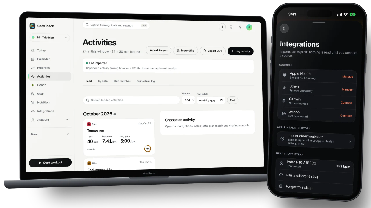 Activity import on a MacBook and a paired heart-rate strap on iPhone.