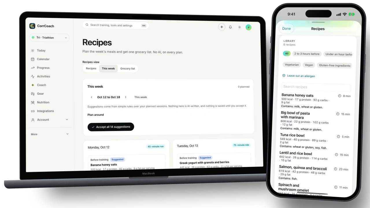 A week of planned meals on a MacBook and the recipe library on iPhone.