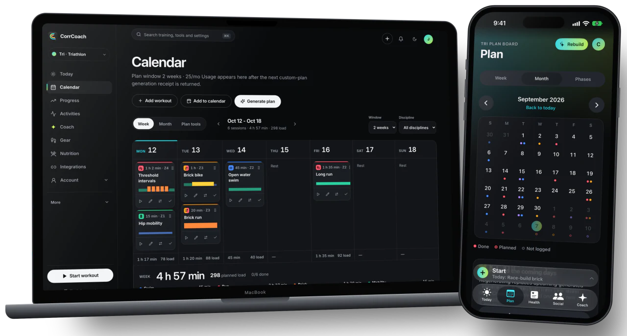 The CorrCoach calendar on a MacBook and the month view on iPhone.