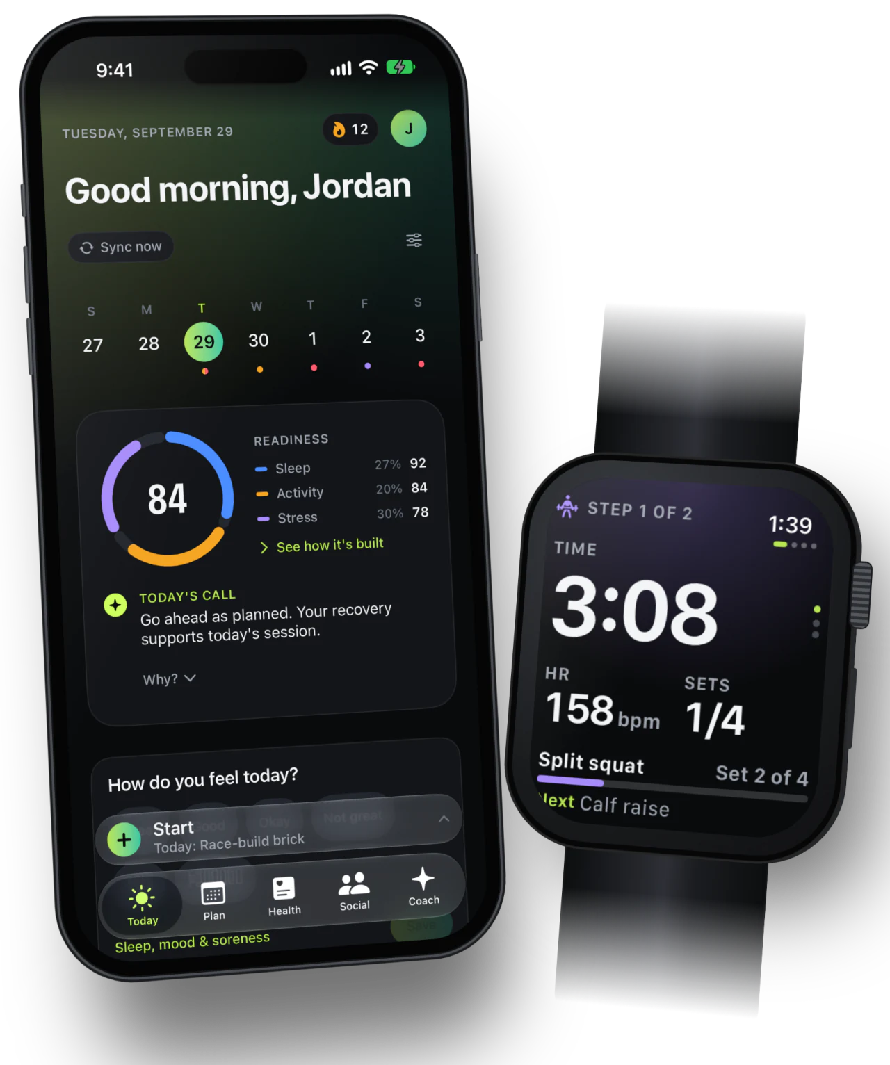 CorrCoach Mi on iPhone with today’s strength session and a split squat set on Apple Watch.