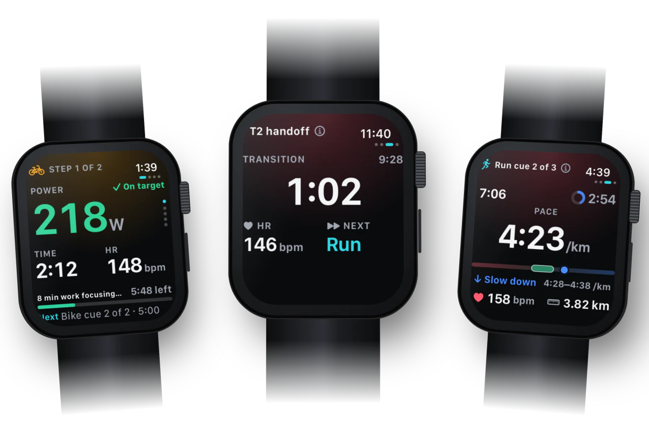 Three Apple Watch screens from CorrCoach: a bike step on target, a brick transition and a run cue.