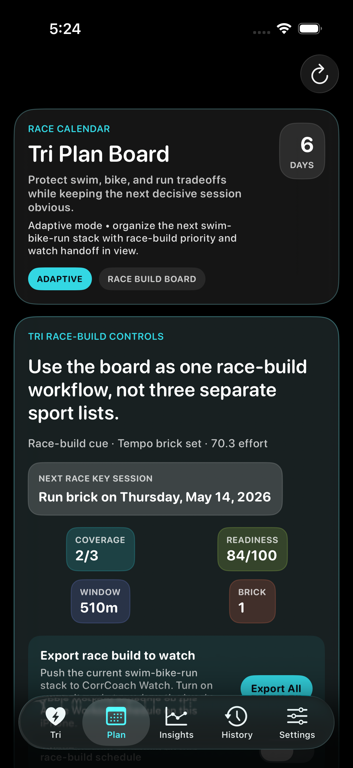 CorrCoach iPhone plan board with seeded race-build, readiness, and Watch export context.