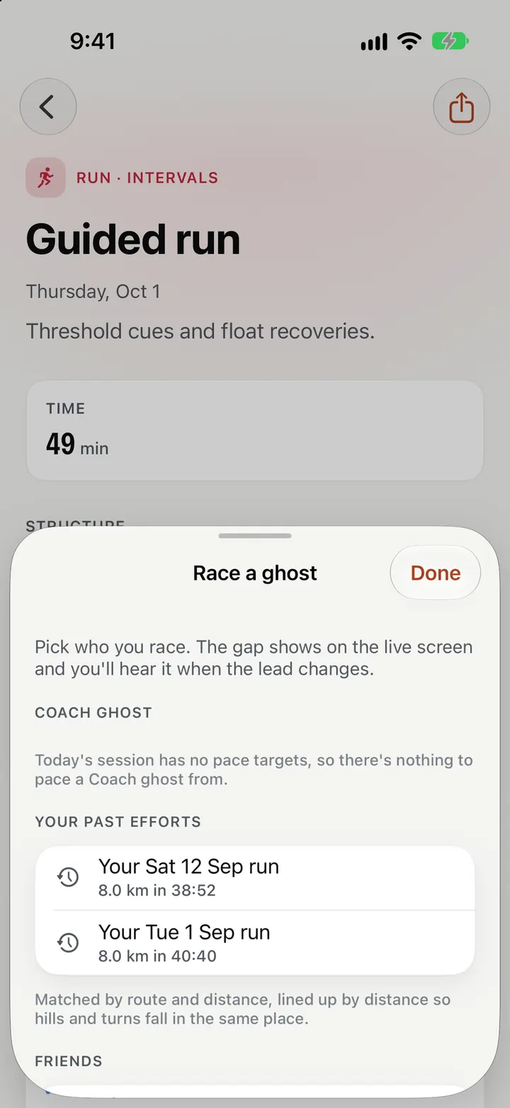 The ghost picker listing past efforts on a saved route.
