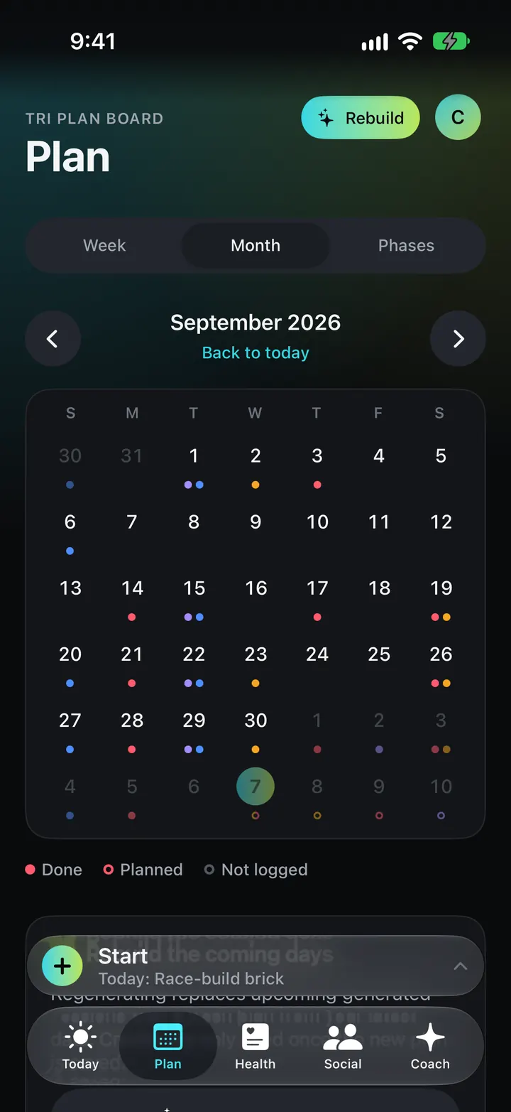 The iPhone month calendar with coloured session dots on each day.