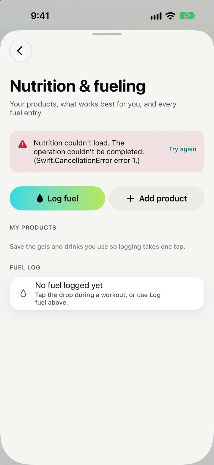 The nutrition and fueling screen on iPhone.