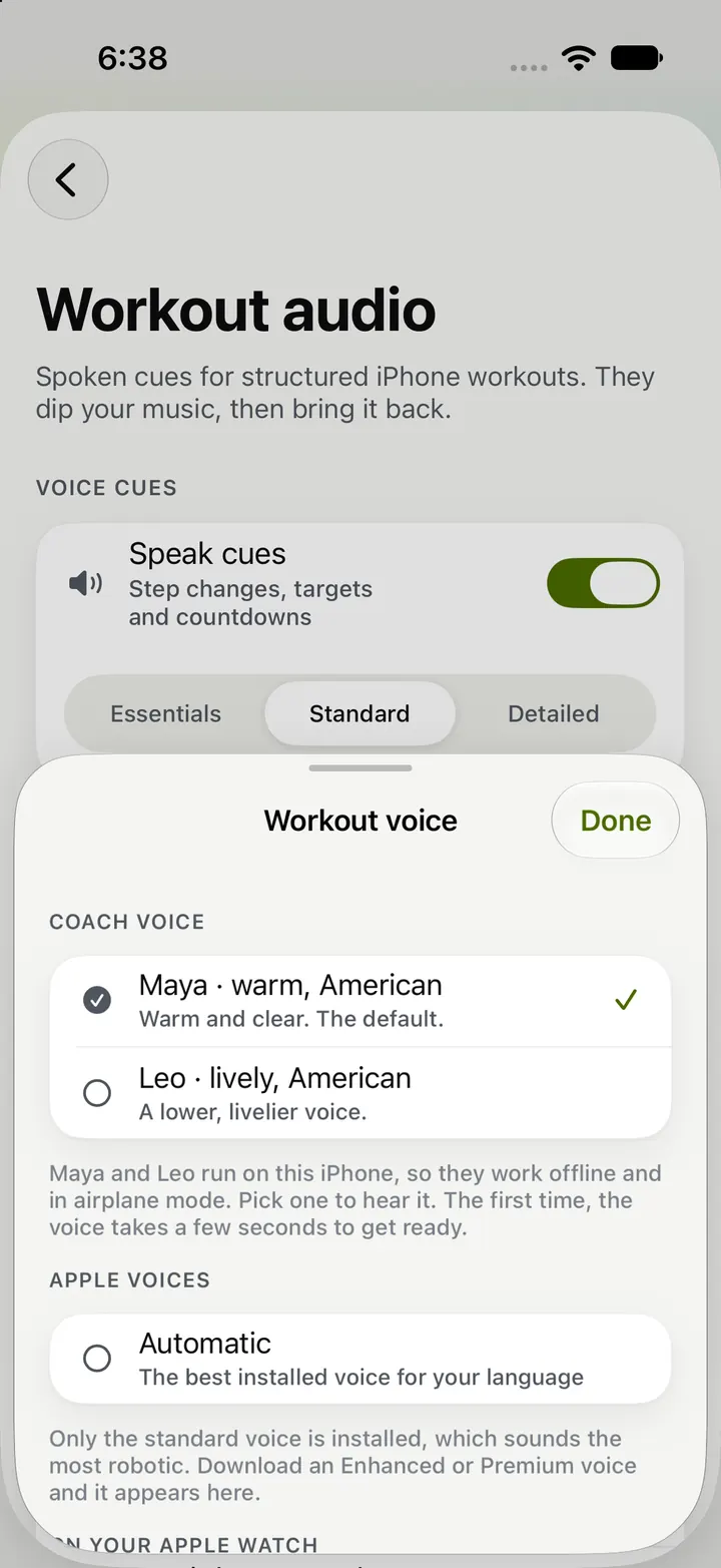 The voice picker with named voices and a preview button.