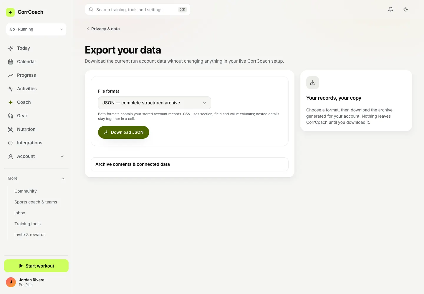 The export-your-data page on the web.