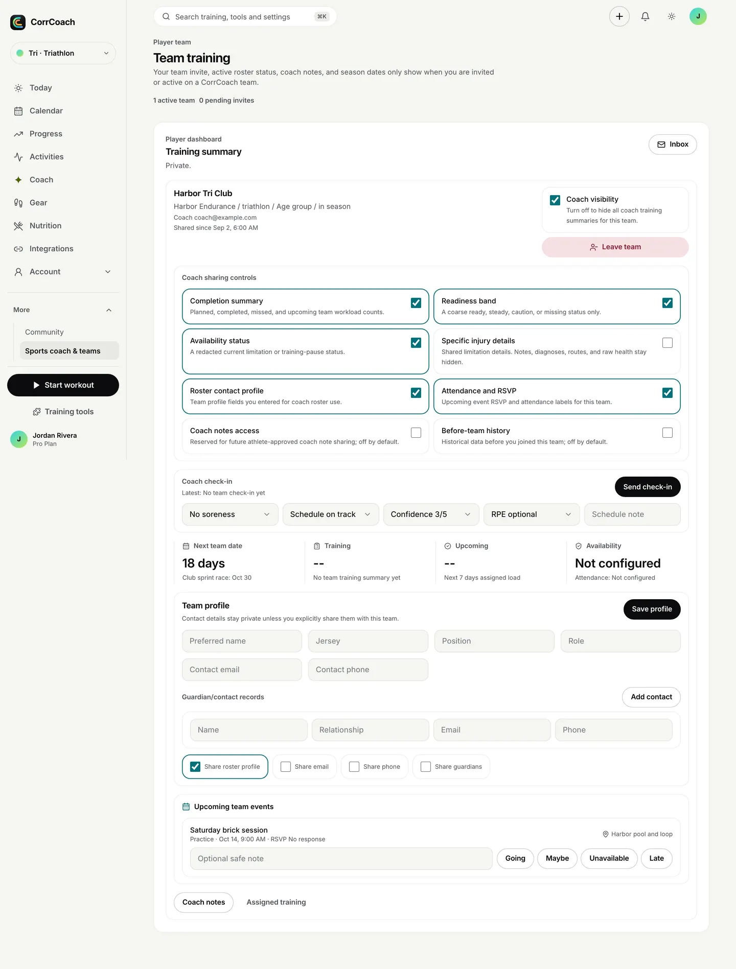 An athlete’s team page with the coach-sharing switches.