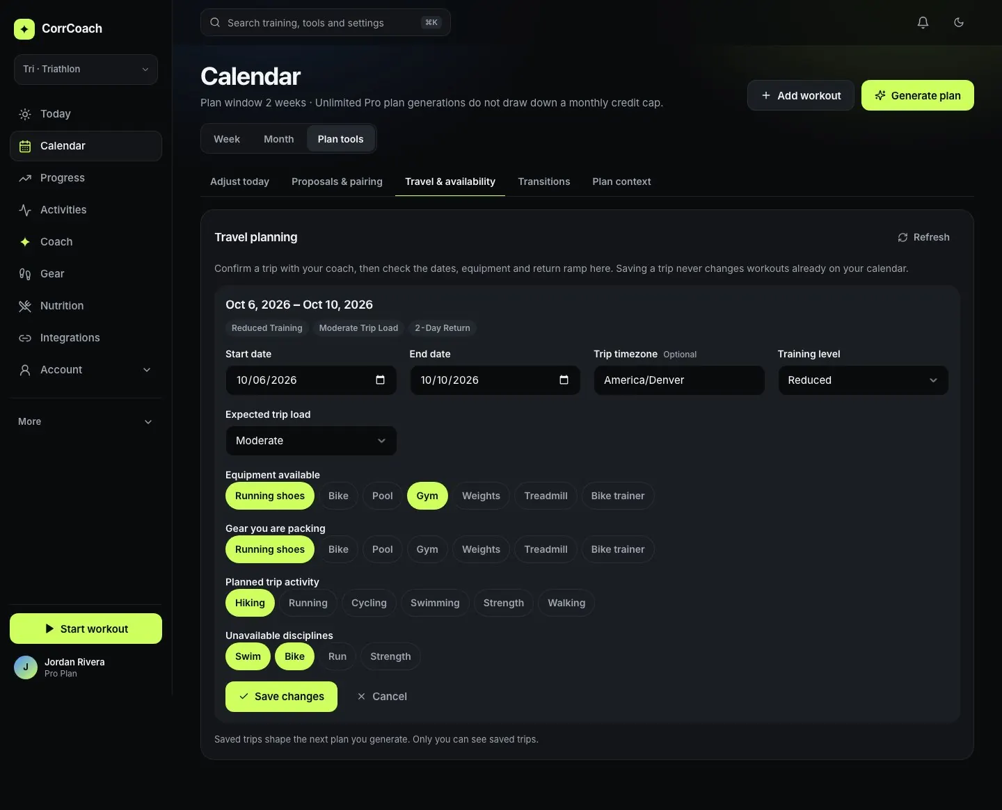 The travel and availability editor in plan tools.