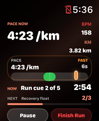 CorrCoach Apple Watch seeded live run screen with interval, time, heart rate, and next-cue information.