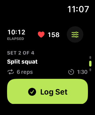 CorrCoach Apple Watch strength runtime showing the active exercise, set, repetitions, and rest controls.