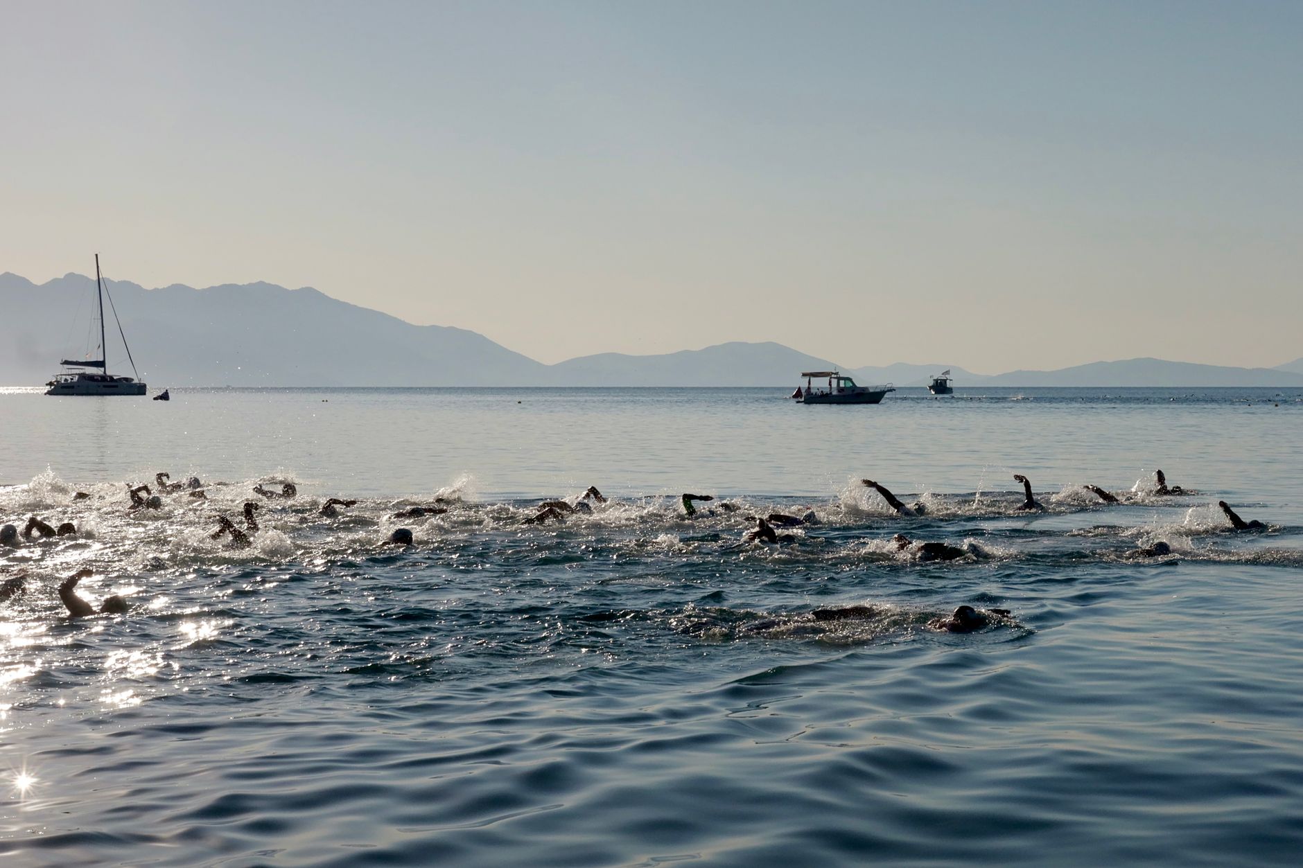 Open-water triathlon swimmers representing multi-sport training needs.